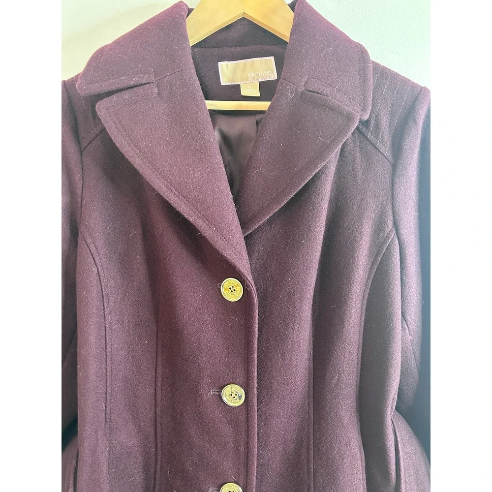 Michael Kors Plum Purple Wool Blend Belted Trench Pea Coat Sz 12 Gold‎ Buttons